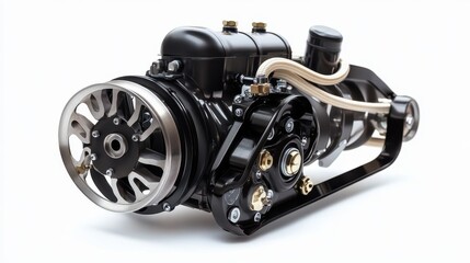 A close-up of a car engine water pump with hoses and belts on a white isolated background