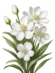 Fototapeta premium White spring flowers isolated on a white background. Vintage painting style illustration.