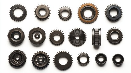 Obraz premium A collection of engine crankshaft pulleys and timing gears on a white isolated background