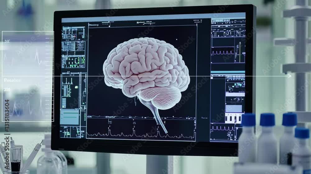 Poster exploring brain activity through digital interface in a modern laboratory setting, brain testing on 