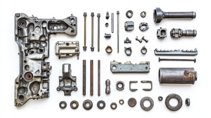 A collection of engine blocks, pistons, and rods on a white isolated background