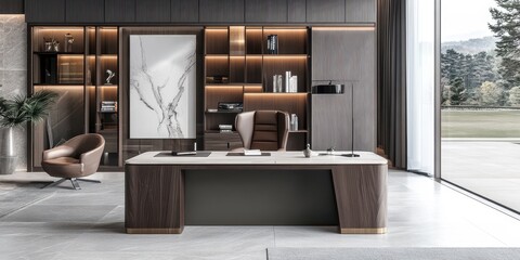 An elegant office design features a large desk and window