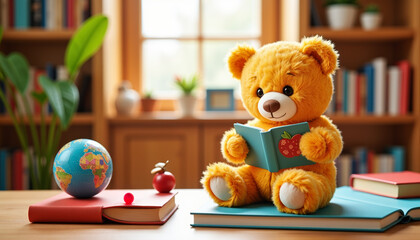 Plush teddy bear reading a book in cozy library nook, playful learning
