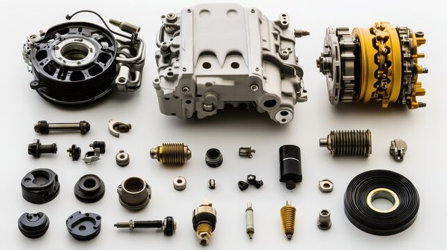 A set of alternators, starter motors, and spark plugs for automotive engines on a white isolated background