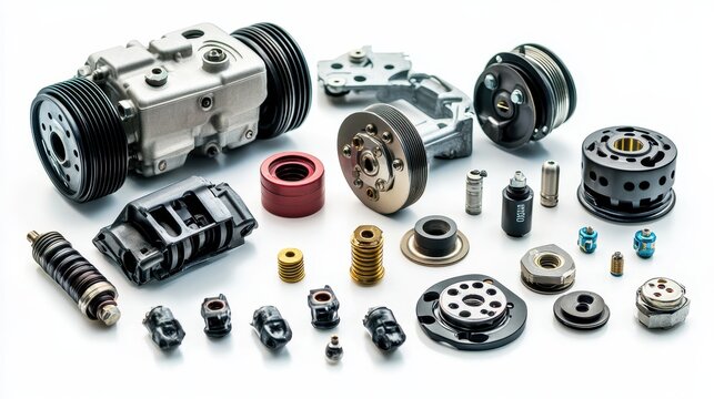 A set of alternators, starter motors, and spark plugs for automotive engines on a white isolated background
