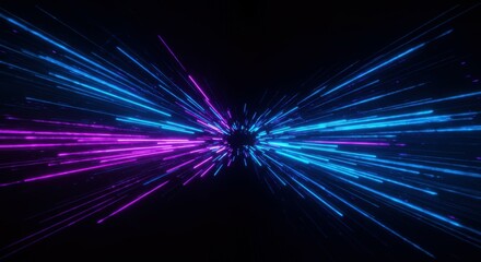 Abstract cosmic explosion, vibrant blue and purple light rays, dynamic energy burst, starry space background, symmetrical radial pattern, neon colors, digital art, futuristic, high contrast, motion bl
