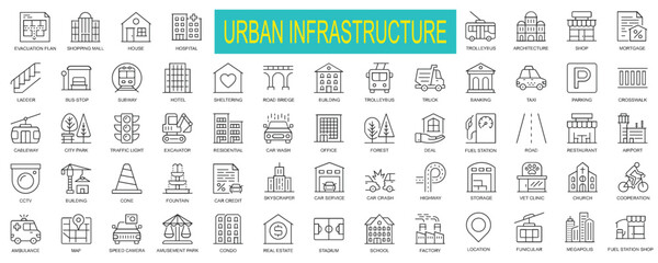Urban Infrastructure Line Icons set – City Planning, Transportation, and Architecture