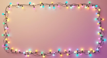Obraz premium Festive fairy lights border, warm pink background, soft gradient, holiday ambiance, cozy atmosphere, string lights frame, colorful glowing bulbs, romantic mood lighting, empty center space, twinkle li