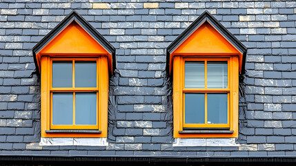Two orange dormer windows on a slate roof.  Perfect for home improvement or architectural websites