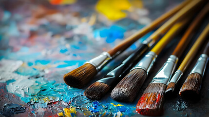 Obraz premium Close Up of Paintbrushes on a Colorful Palette with Vibrant Hues of Oil Paint Messy Texture and Artistic Strokes Ideal for Art and Creative Projects