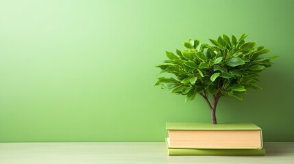 Miniature tree in pot sits on an open book, creating peaceful reading nook in cozy home setting.