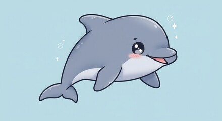 Obraz premium Cute Dolphin Swimming Cartoon Illustration on Blue Background for Children