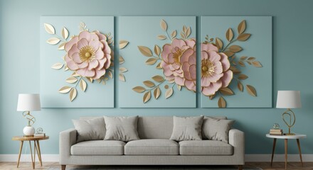Large floral wall art, 3D paper flowers, pastel pink roses, triptych canvas, teal background, living room interior, modern gray sofa, neutral decor, elegant home design, textured wall panels, oversize