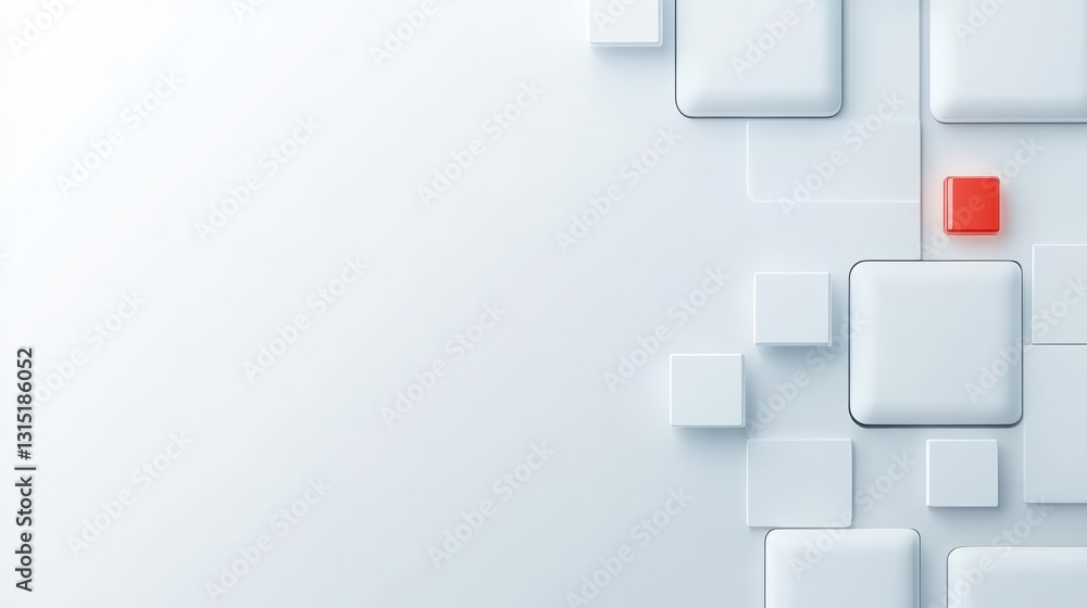 Poster bold red square highlighted in a minimalist grid of white squares on white backdrop