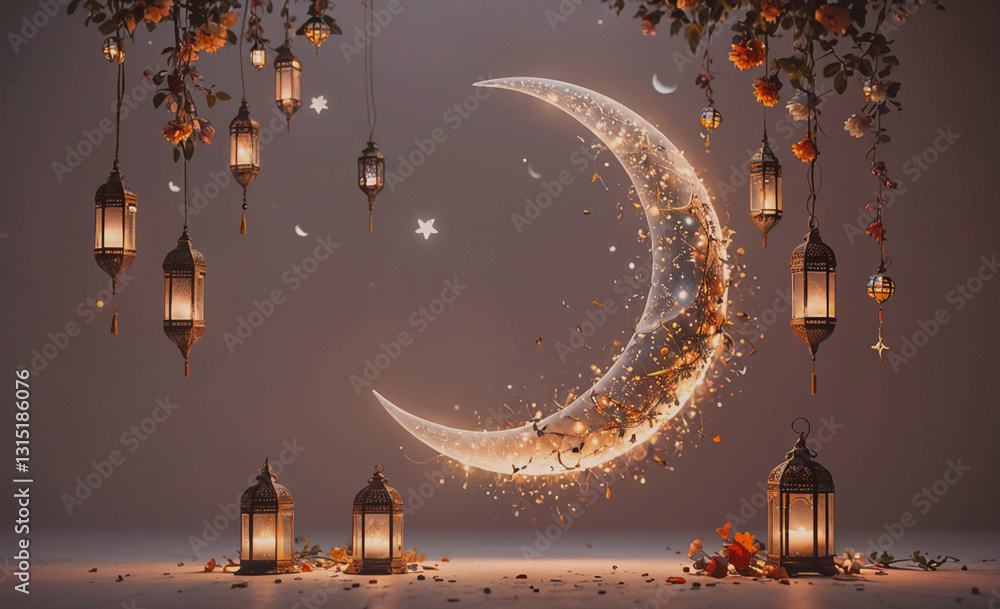 Poster Lit up crescent moon is surrounded by lanterns. Scene is warm and inviting