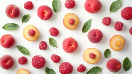 Ripe peaches and slices with green leaves displayed on a white background. Peach-themed wallpaper or banner
