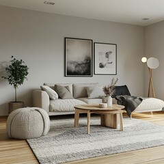 A cozy and inviting living room space with neutral colors