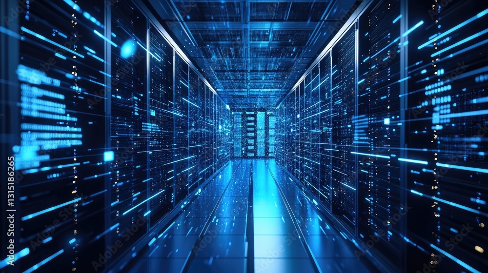 Poster A futuristic data center with glowing blue lights and digital data streams, symbolizing AI, cloud computing, and cybersecurity. Ideal for tech and IT concepts