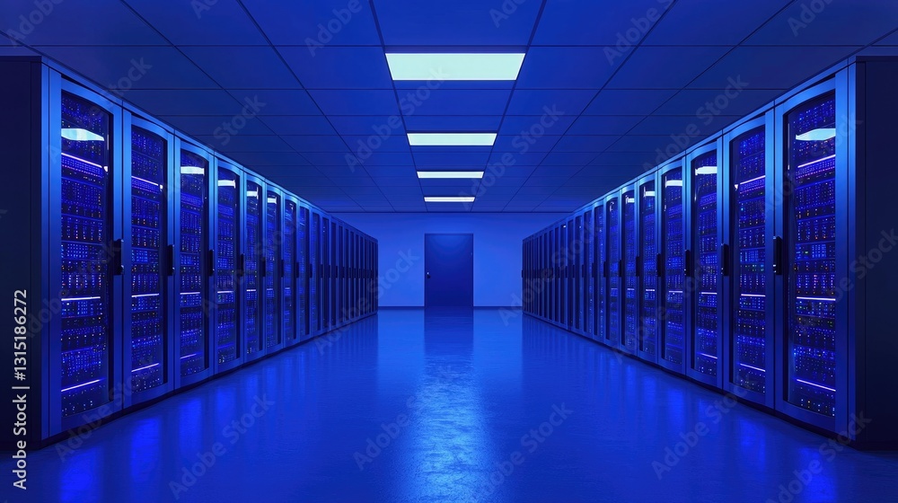 Poster A modern data center with blue lighting and rows of secure server racks, symbolizing cloud computing, AI, and cybersecurity. Ideal for tech, IT, and digital infrastructure concepts