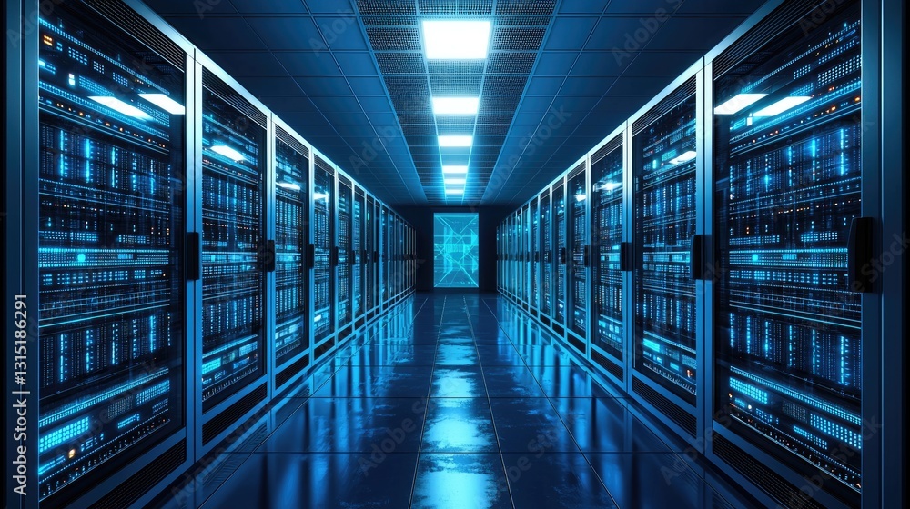 Poster A futuristic data center with glowing blue lights and advanced servers, symbolizing AI, cloud computing, and cybersecurity. Ideal for tech and IT concepts