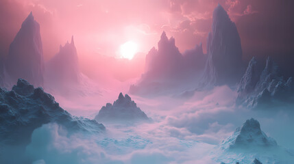 An ethereal 3d landscape of misty mountains with surfaces that glisten and reflect light, evoking a sense of calm and awe in a surreal environment. Surreal - City. Illustration