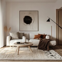 A modern living room furnished with neutral tones and abstract art