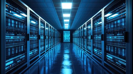 Obraz premium A futuristic data center with glowing blue lights and advanced servers, symbolizing AI, cloud computing, and cybersecurity. Ideal for tech and IT concepts