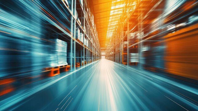 A high-speed warehouse aisle with motion blur and warm lighting, symbolizing logistics, supply chain, and e-commerce distribution. Ideal for shipping, inventory, and retail concepts
