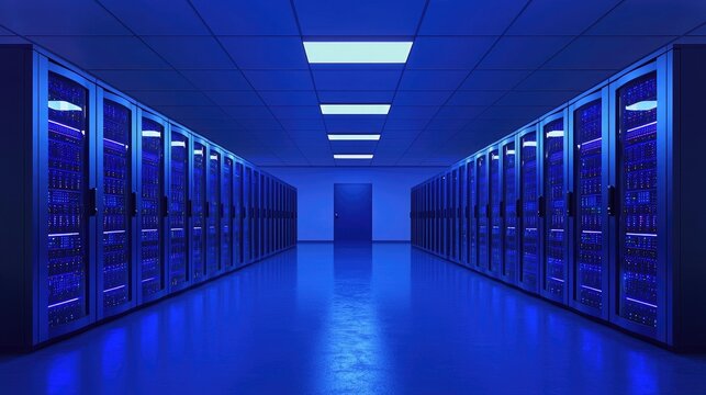 A modern data center with blue lighting and rows of secure server racks, symbolizing cloud computing, AI, and cybersecurity. Ideal for tech, IT, and digital infrastructure concepts