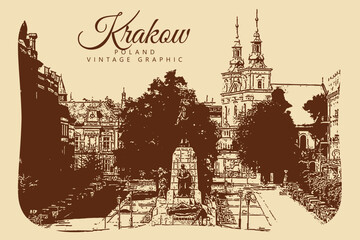 Obraz premium City ancient architecture, Krakow, Poland. Vintage brown and beige graphics, engraved, vector. Old retro design.