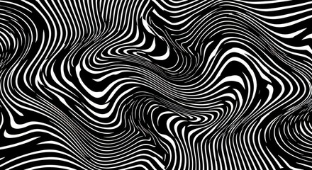 Naklejka premium Optical illusion, black and white swirling pattern, hypnotic spiral design, zebra-like stripes, abstract geometric art, psychedelic waves, trippy visual effect, monochrome vortex, Op Art style, dizzyi
