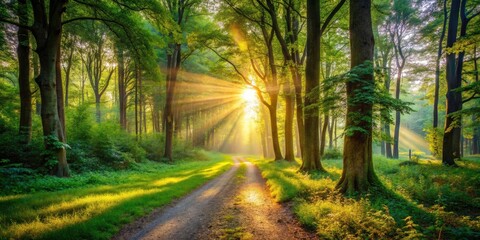Obraz premium Sunlit Forest Clearing Path - Serene Nature Photography, Peaceful Woodland Trail, Magical Sunlight