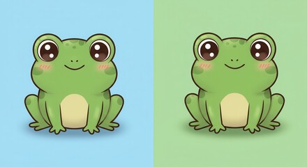 Cute Frog Cartoon Characters Sitting on Light Blue and Green Backgrounds