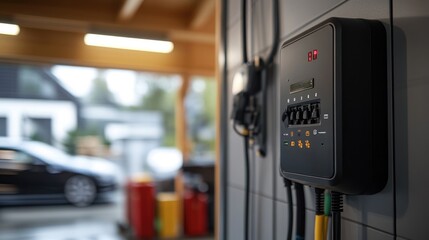 Electric vehicle charging station control panel in a garage.