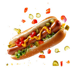 A Classic Hot Dog with Mustard Ketchup and Relish Isolated on Transparent Background