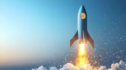 A Pixelated 3D Rocket Launching Into The Blue Sky With Orange Flames And White Clouds Symbolizing Innovation And Exploration