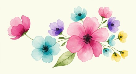 Watercolor flowers, delicate petals, pastel colors, pink blue yellow purple, translucent, botanical illustration, soft focus, gentle brushstrokes, light background, minimalist composition, spring blos