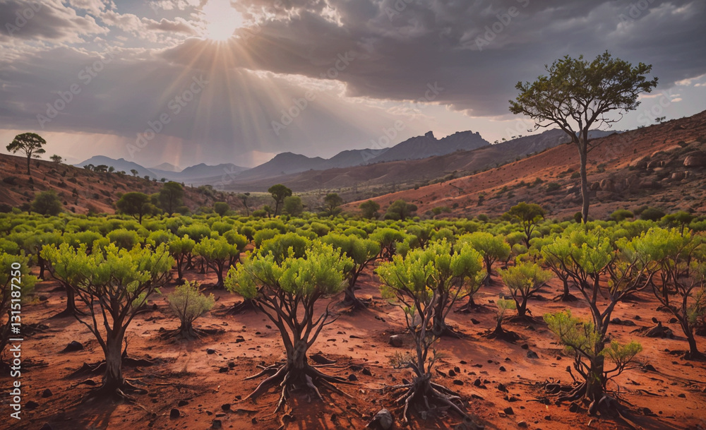 Poster Field of trees with a cloudy sky in the background. The sun is shining through the clouds, creating a warm and peaceful atmosphere