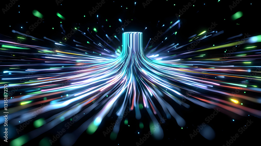 Poster abstract digital art depicting a burst of colorful light trails from central core against dark backg