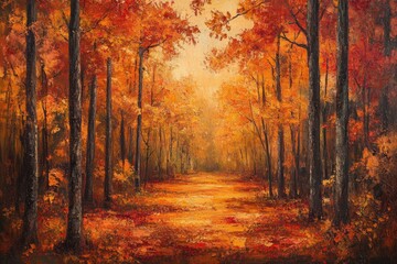 Obraz premium Autumnal forest path, vibrant orange and red leaves, sunlit trees.