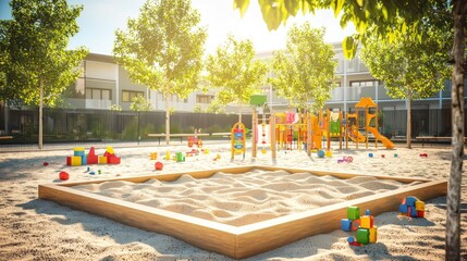 Sunny playground in residential area with sandbox