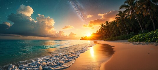 Sunset Serenity: Tropical Beach Meet Night Sky