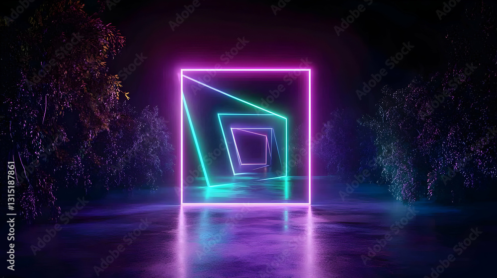 Poster vivid neon tunnel with pink and teal rectangular frames in a dark space with colorful particles and 