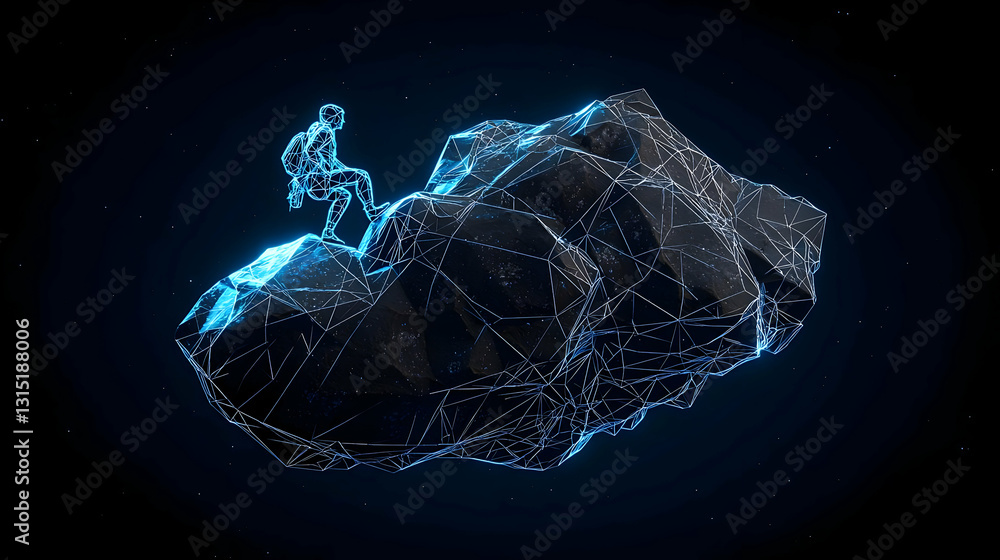 Poster 3d render of a futuristic astronaut exploring a dark asteroid in a vast expanse of space with glowin