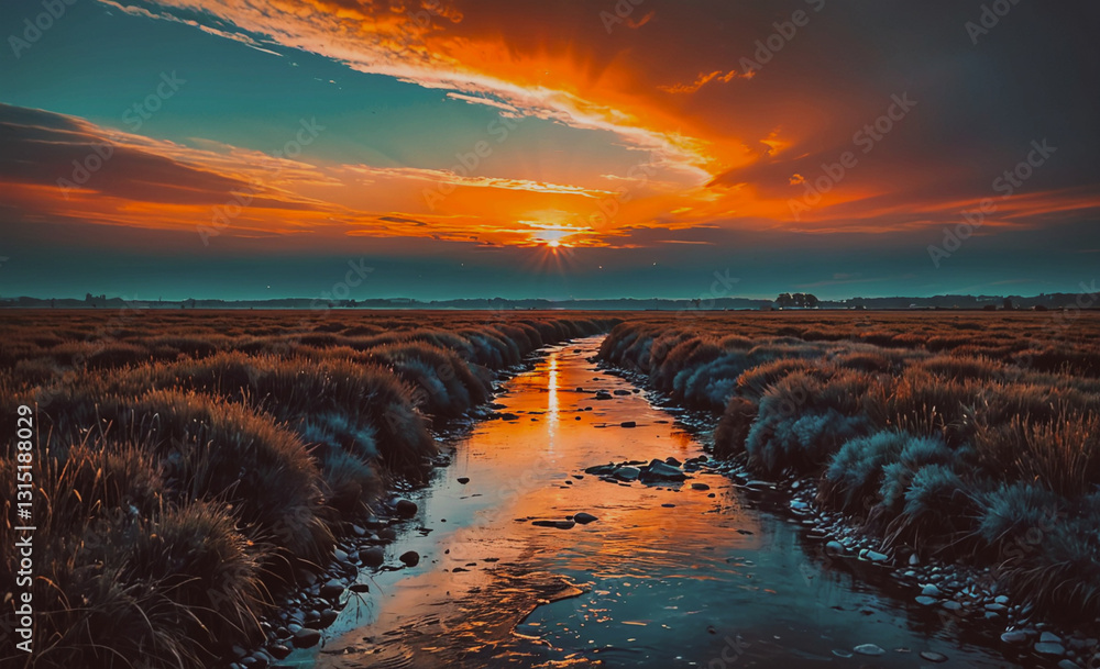 Poster beautiful sunset over a river with a reflection of the sun on the water. the sky is filled with clou