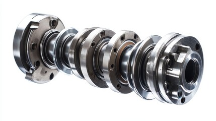 A close-up of an engine crankshaft with pulleys and harmonic balancer on a white isolated background