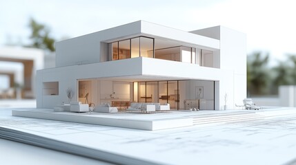 Modern house architectural model on blueprints.