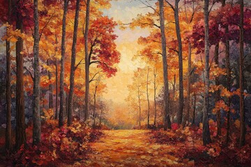 Fototapeta premium A picturesque autumn path winds through a vibrant forest, bathed in the warm glow of the setting sun.