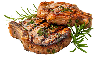 Grilled pork chops with rosemary and thyme on transparent background