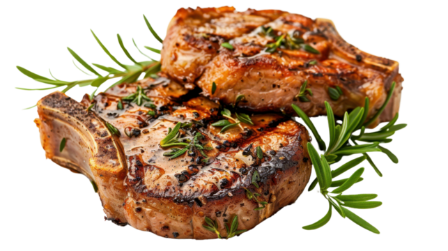 Grilled pork chops with rosemary and thyme on transparent background
